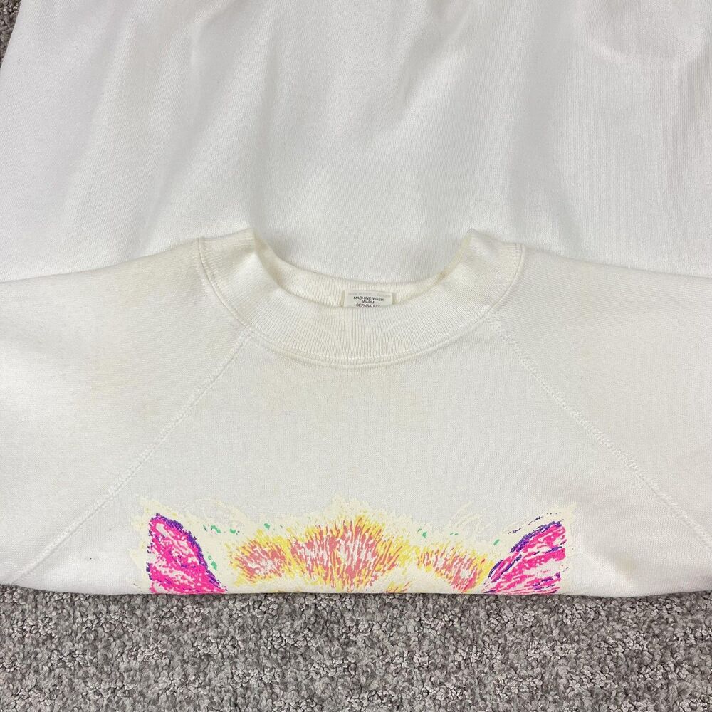 Vintage Sweatshirt Womens Large White Neon Cat Grandma 80s Crewneck Retro - Picture 7 of 11
